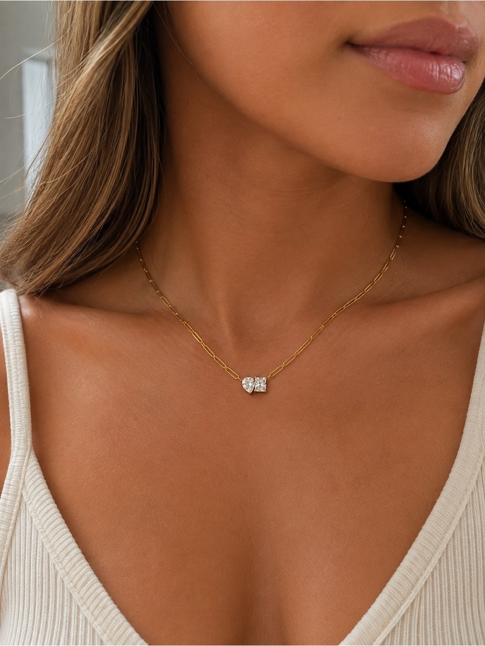 18K Gold Plated Heart and Square Cubic Zirconia Necklace